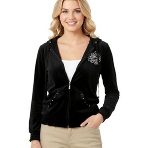 Silverwear Black Velour Crystal Embellished Zip Front Hooded Jacket Sz MP